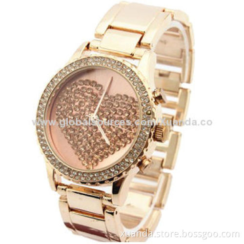 Rose gold alloy sports watches, heart-shaped dial with full stone